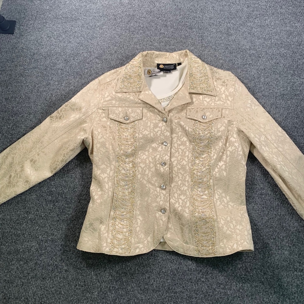 Christine Alexander Champagne Damask Jacquard Crystal Embellished Jacket Set L